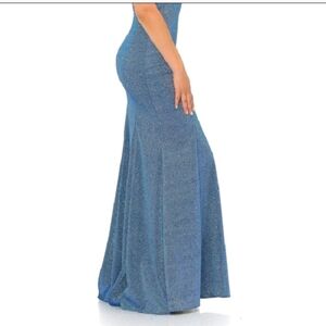 LENOVIA Blue Off-Shoulder Short Sleeve Prom Gown